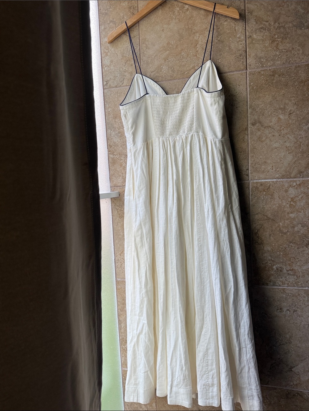 Maeve Linen Midi Dress White Navy Contrast Seamed Anthropologie Pockets Smocked - Picture 4 of 16